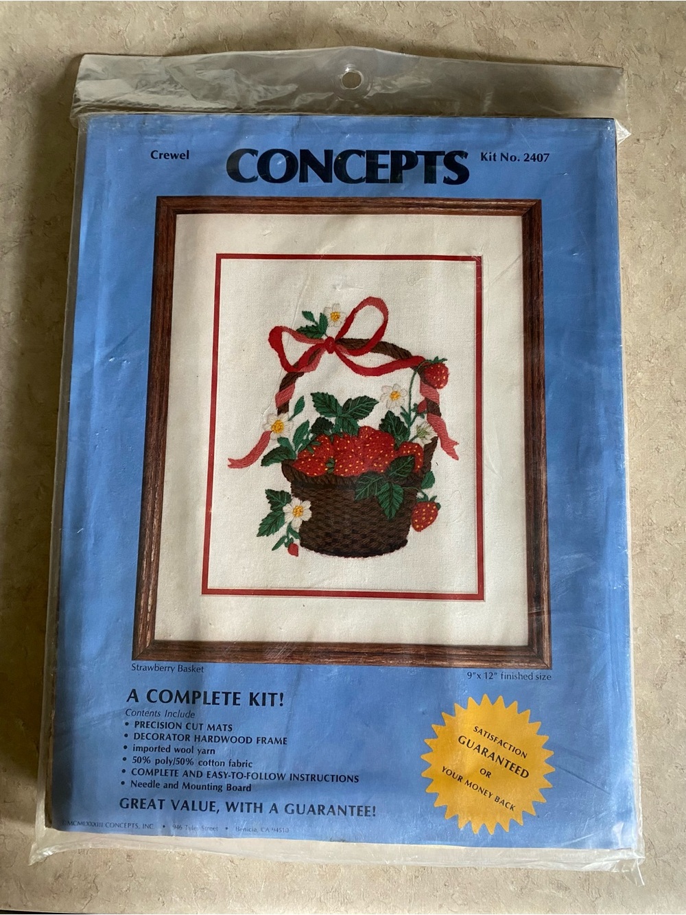 New Vintage 80s Framed Crewel Concepts Kit No. 2407 "Strawberry Basket” 9x12”